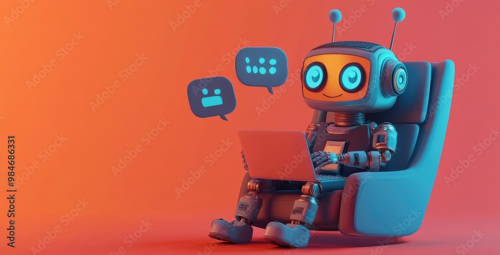 3D Robot Sitting on Armchair with Laptop and Chat Bubbles, Minimalistic Design for Technology Concept 3D Robot Sitting on Armchair with Laptop and Chat Bubbles, Minimalistic Design for Technology Concept
