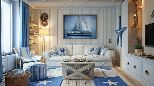 Coastal beach house living room with a breezy, nautical theme and coastal decor., Imagine a tranquil living room with soft colors, comfortable seating.