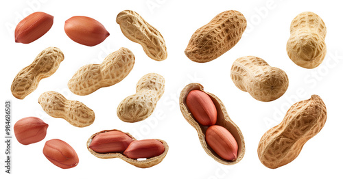 Shelled and unshelled peanuts isolated on transparent background