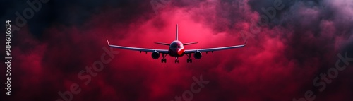 A dramatic image of an aircraft flying through deep red clouds, evoking a sense of adventure and power in the skies.