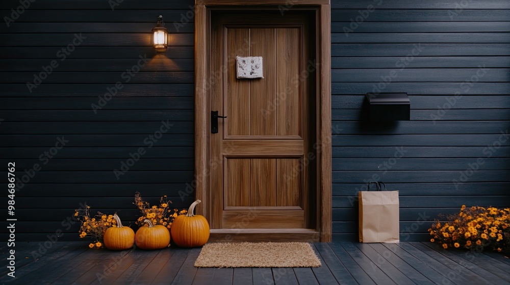 Obraz premium The front porch is beautifully adorned with vibrant pumpkins and blooming mums, complemented by a charming doormat, embodying the spirit of autumn