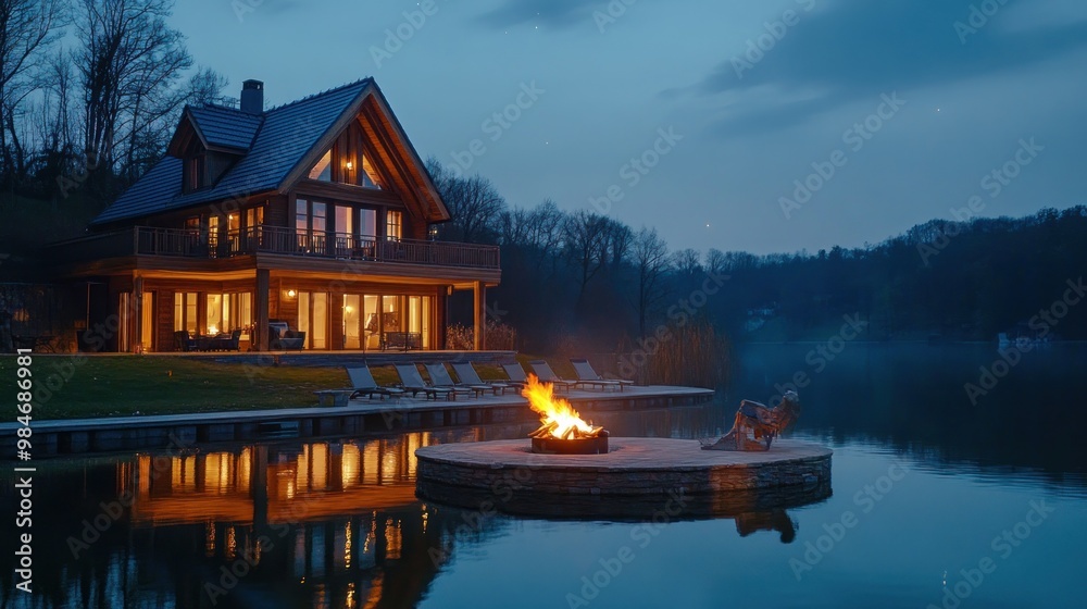 Obraz premium A serene lakeside view featuring a modern house and a cozy fire pit at dusk.