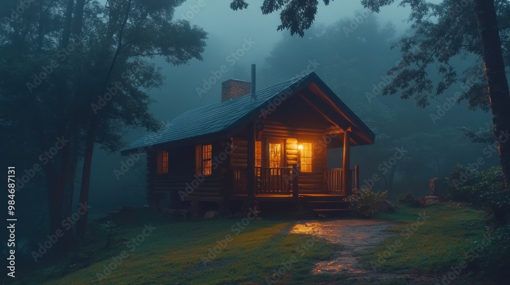 A cozy cabin illuminated in the foggy woods, evoking warmth and tranquility.