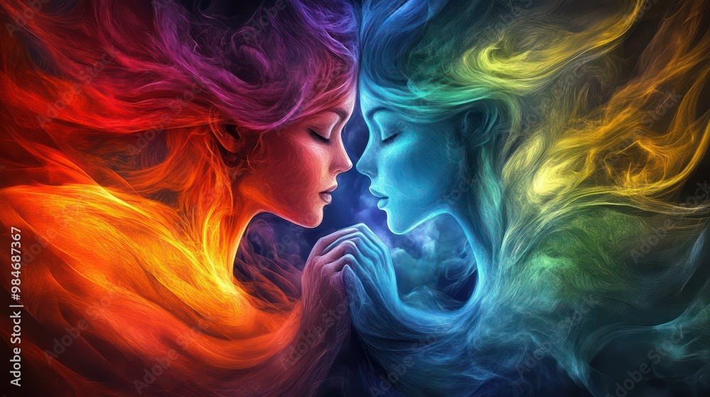 Sexuality and emotions visualized, with swirling colors representing the intertwining of love, passion, and connection Sexuality and emotions visualized, with swirling colors representing the intertwining of love, passion, and connection