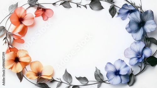 A picture of a bunch of flowers arranged in the shape of a letter o on a purple background, 
Circle of rainbow flowers on white background, copy Spece design. photo