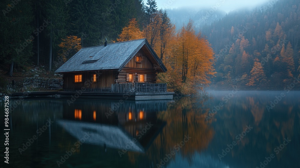 A serene wooden cabin by a lake surrounded by autumn foliage and misty mountains. A serene wooden cabin by a lake surrounded by autumn foliage and misty mountains.