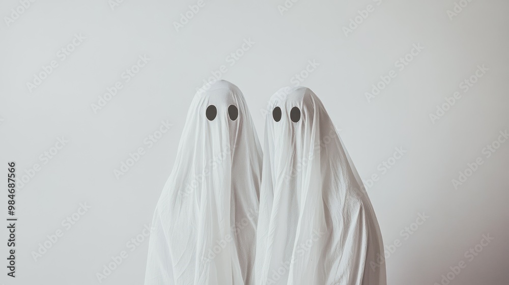 Two ghost figures in white sheets with black eyes against a plain background. Two ghost figures in white sheets with black eyes against a plain background.
