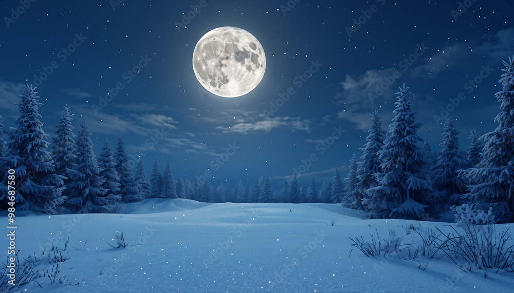 Peaceful Winter Night Scene with a Full Moon Illuminating the Snow Peaceful Winter Night Scene with a Full Moon Illuminating the Snow