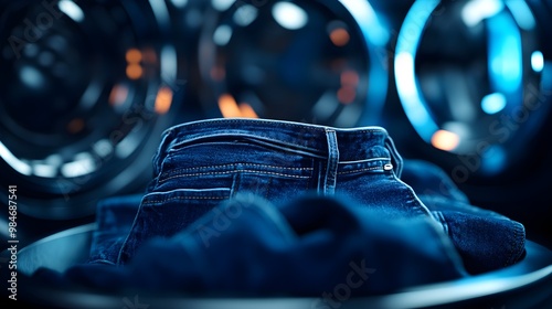 A close-up of denim jeans resting in a laundry basket, surrounded by the soft glow of washing machine drums. photo