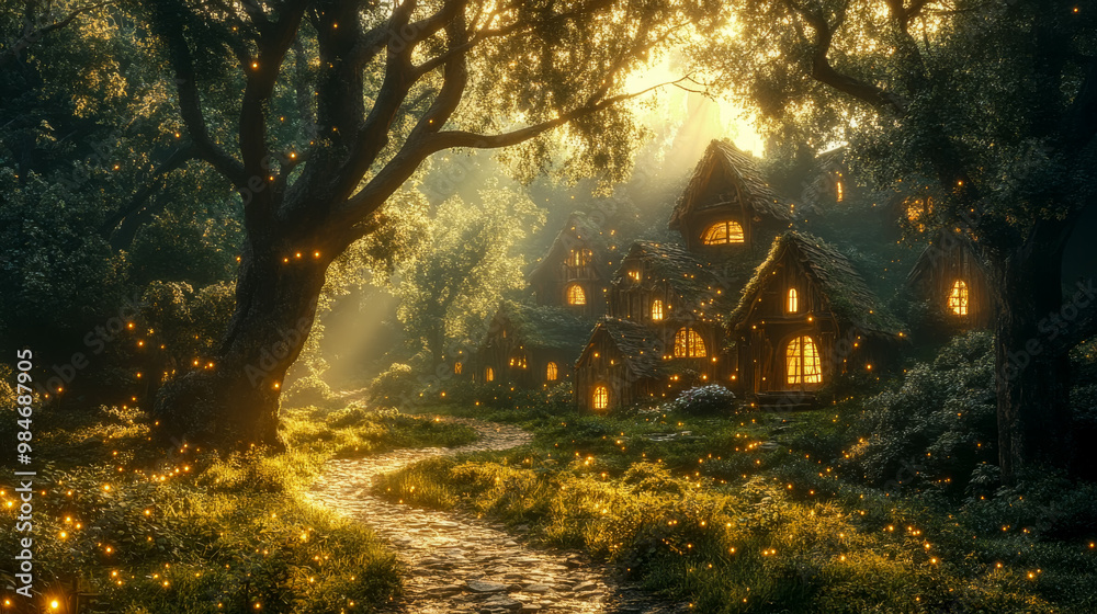 Fototapeta premium Sunlight bathes mossy houses and fireflies in a forest, evoking a magical and whimsical atmosphere