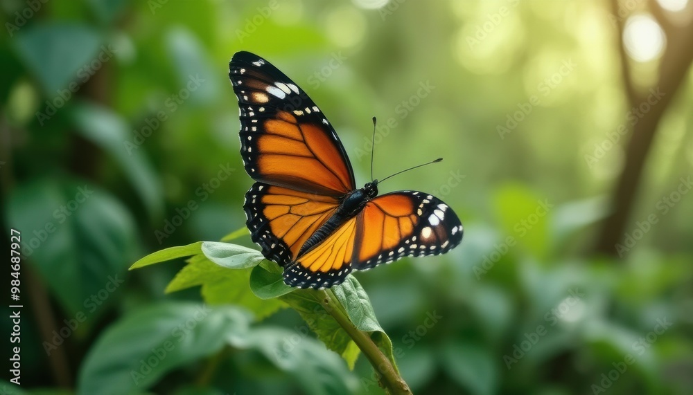 Monarch Butterfly Resting on Leaf in a Lush Green Environment Monarch Butterfly Resting on Leaf in a Lush Green Environment