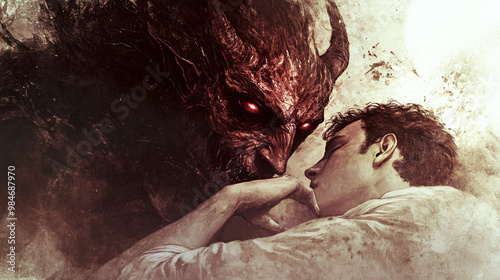 A haunting illustration of a demon whispering dark secrets into the ears of a sleeping person. photo