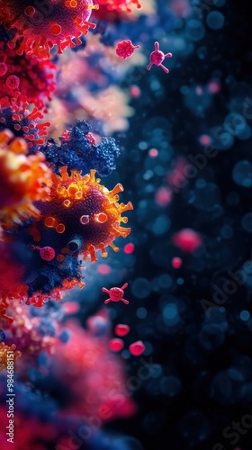 Close-up colorful depiction of viruses, emphasizing health and hygiene concepts.