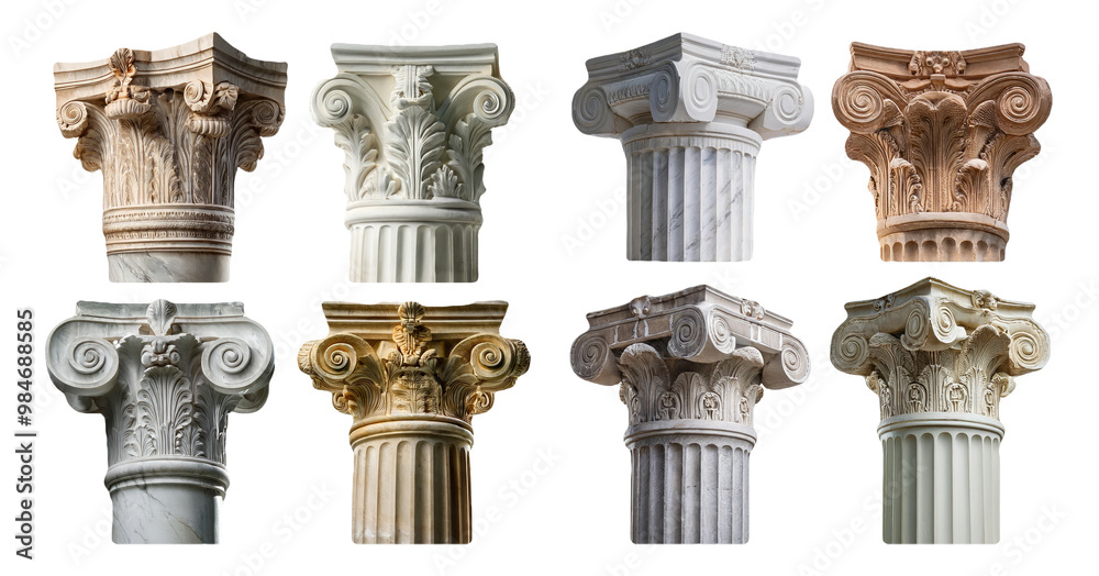 Naklejka premium Classical column capital designs in different materials isolated on transparent background