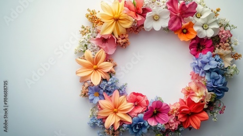 A picture of a bunch of flowers arranged in the shape of a letter o on a purple background, 
Circle of rainbow flowers on white background, copy Spece design. photo