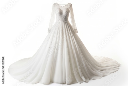 A glamorous long-sleeve white wedding dress with sparkling embellishments, such as sequins, beads, or crystals