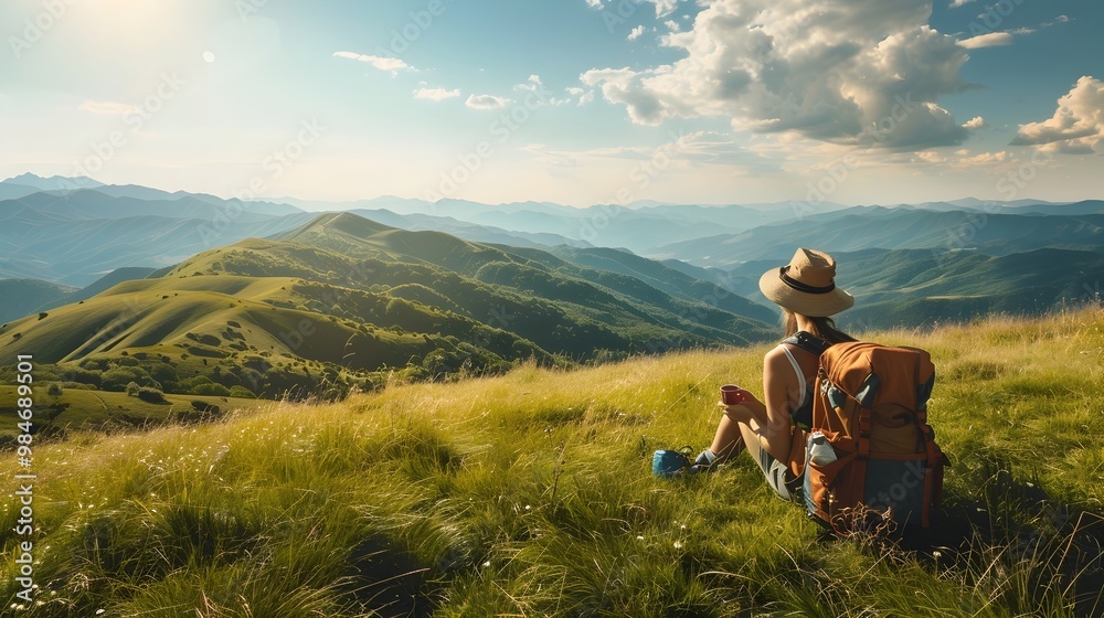 Hiker Enjoying Picnic on Grassy Hillside with Rolling Hills and Mountains in the Distance Hiker Enjoying Picnic on Grassy Hillside with Rolling Hills and Mountains in the Distance