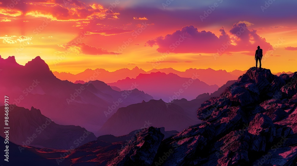 Fototapeta premium Hiker Silhouetted Against Glowing Sunset Sky Overlooking Rugged Mountain Peaks