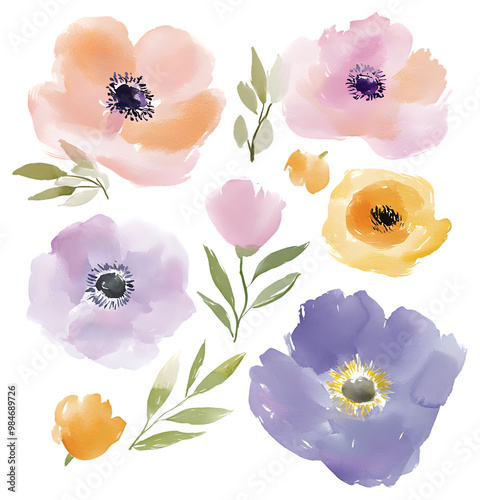 Harmonious set of watercolor impressionist floral.