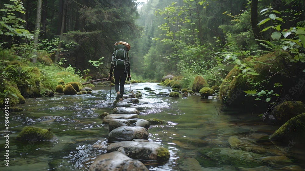 Hiker Crossing Shallow River on Stepping Stones in Dense Forest Landscape Hiker Crossing Shallow River on Stepping Stones in Dense Forest Landscape