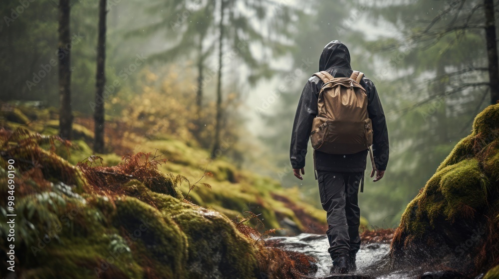 A hiker wearing a waterproof backpack and rain pants, exploring a mountain trail in the rain