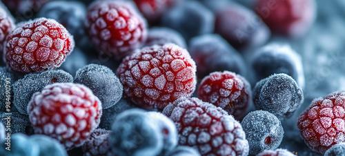 Frozen berries, including raspberries and blueberries, showcase their vibrant colors against a cold background photo