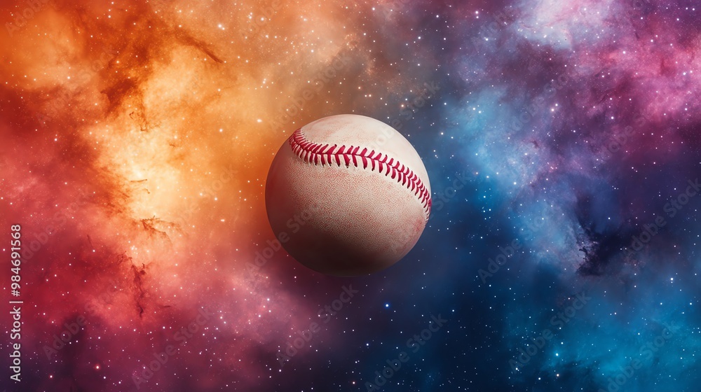 A surreal baseball floating in a vibrant cosmic background, blending sport with the wonders of the universe.