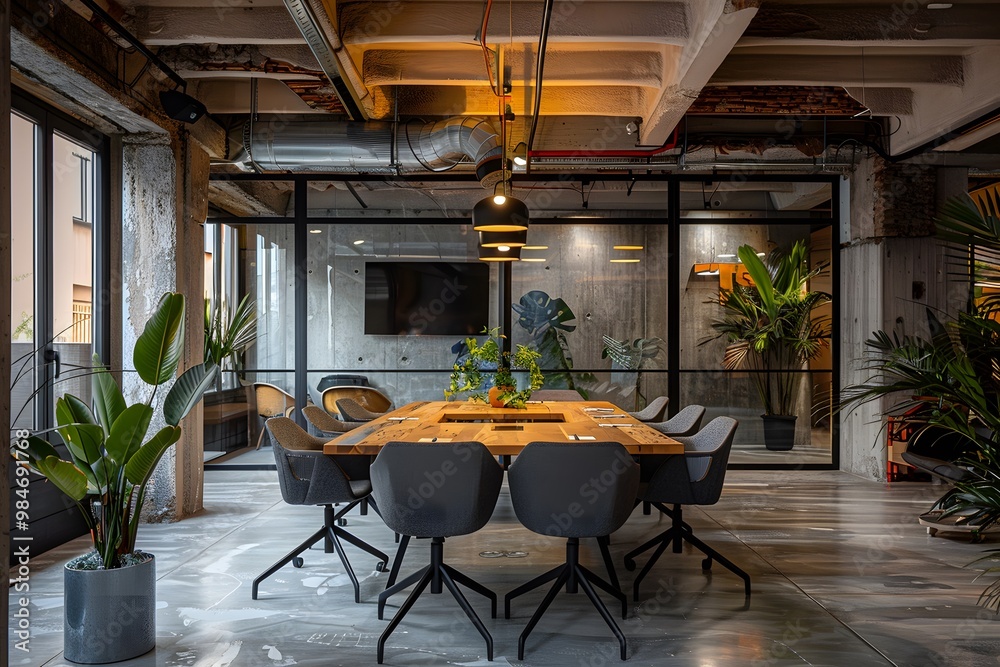 Naklejka premium Modern Office Meeting Room with Stylish Decor and Greenery