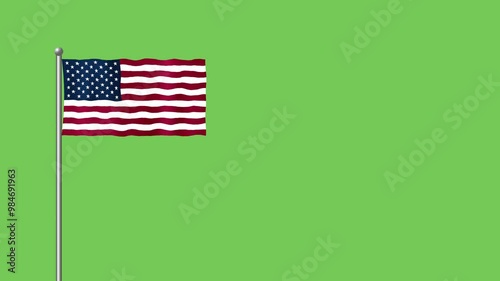 Animation of America waving flag on flag pole on green screen.