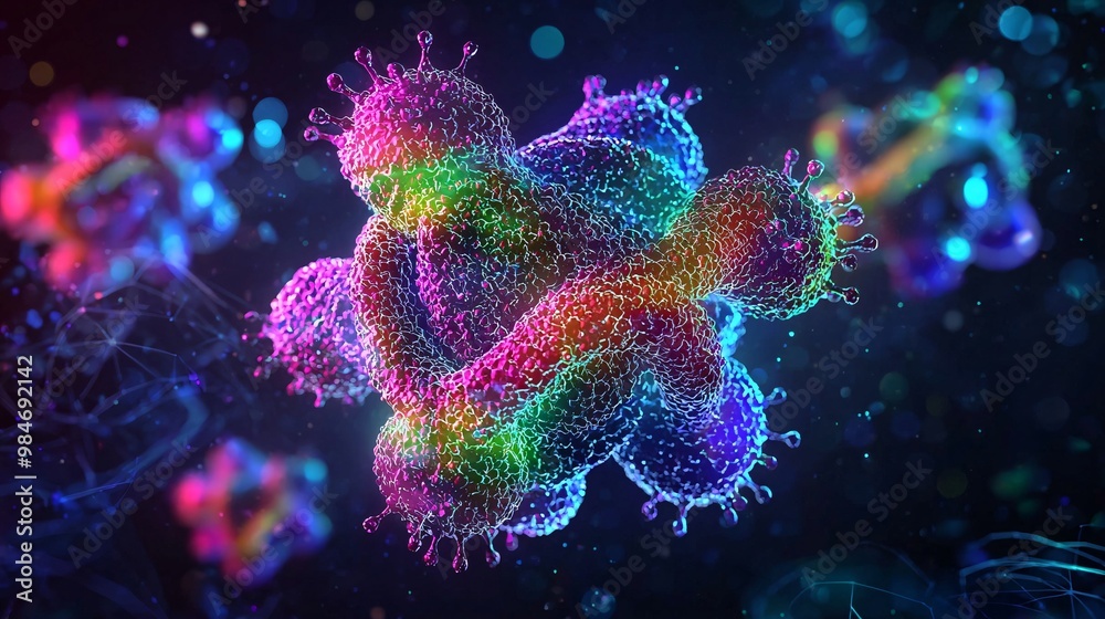 Visual of a viral capsid with protein spikes. Dark background with bright colors. Visual of a viral capsid with protein spikes. Dark background with bright colors.