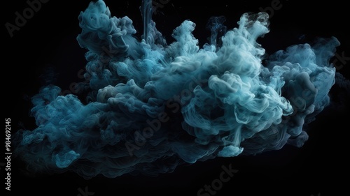 Abstract visual of blue, swirling smoke clouds against black background, artistic concept