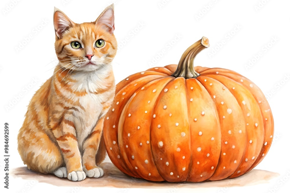 Watercolor image of a ginger tabby cat with a large orange pumpkin on white background