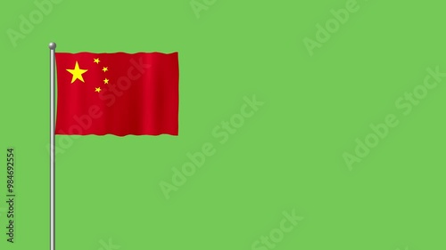 Animation of China waving flag on flag pole on green screen
