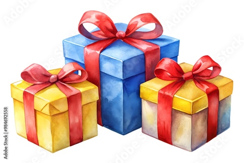 Watercolor illustration of three gift boxes with red bows, one red box, one blue box, and one yellow box