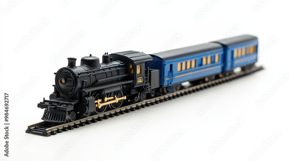 Obraz premium A detailed model of a classic steam locomotive with blue passenger cars, perfect for train enthusiasts and collectors, white background