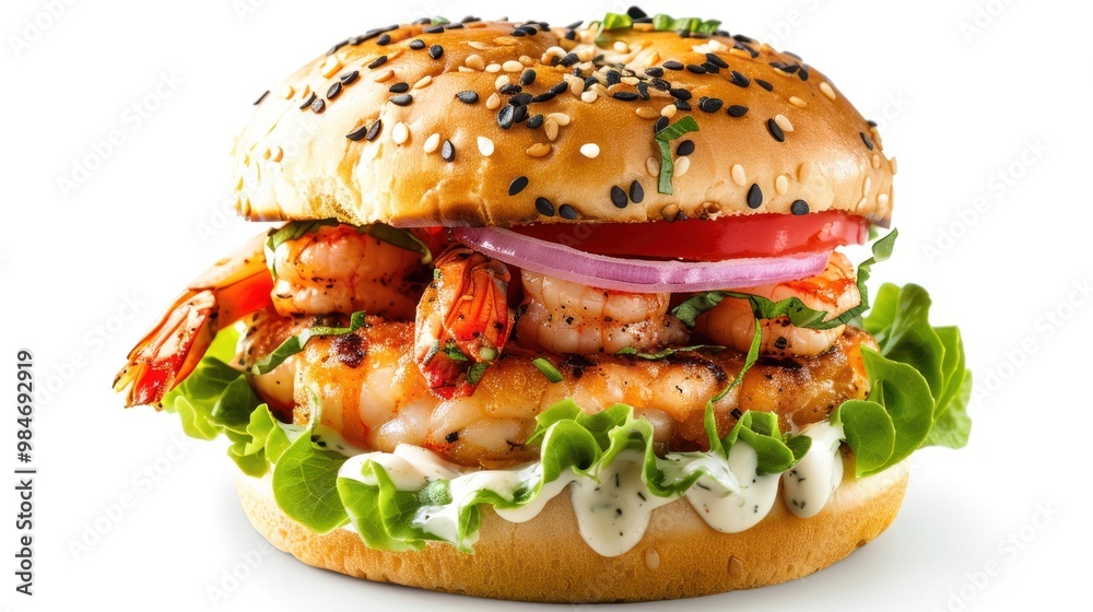 A mouthwatering 5-layer shrimp burger with a juicy shrimp patty, lettuce, tomato, onion, and a creamy sauce A mouthwatering 5-layer shrimp burger with a juicy shrimp patty, lettuce, tomato, onion, and a creamy sauce