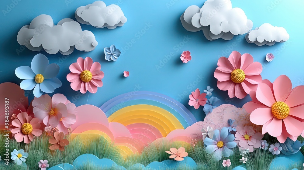Frame decorated with clouds and rainbows and flowers, A stunning quilling style depiction of a cloud adorned with a vibrant rainbow Frame decorated with clouds and rainbows and flowers, A stunning quilling style depiction of a cloud adorned with a vibrant rainbow