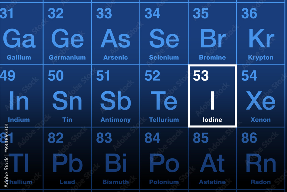 Iodine on the periodic table of the elements. Non-metallic element with atomic number 53 and chemical symbol I after Greek iodos for violet. Essential mineral nutrient for thyroid hormone synthesis. Iodine on the periodic table of the elements. Non-metallic element with atomic number 53 and chemical symbol I after Greek iodos for violet. Essential mineral nutrient for thyroid hormone synthesis.