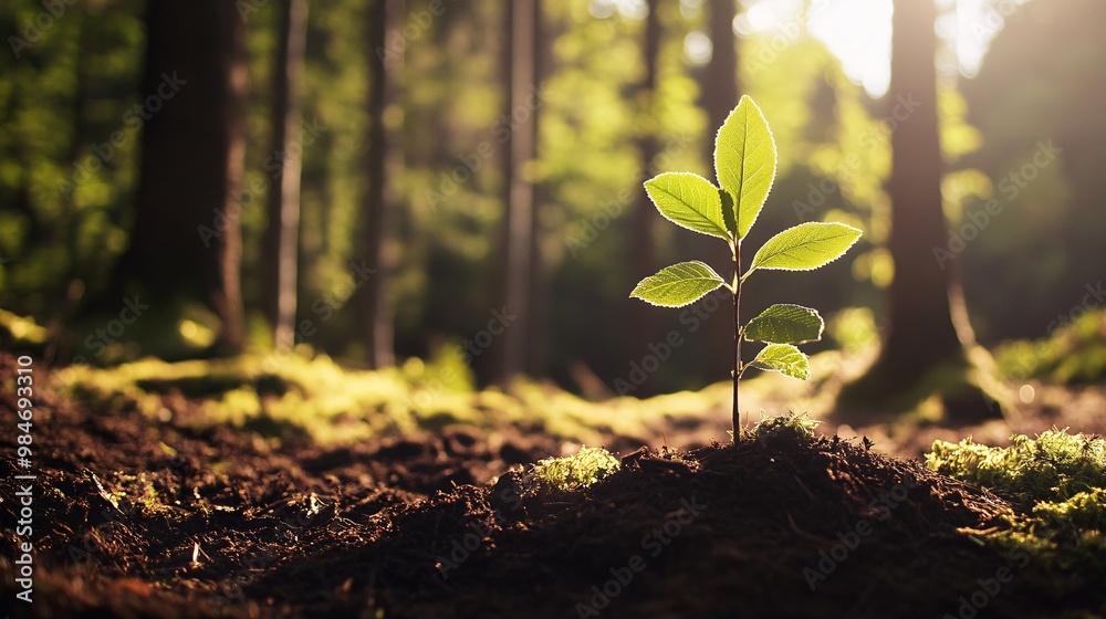 A Single Sapling Growing in a Sunlit Forest Clearing A Single Sapling Growing in a Sunlit Forest Clearing