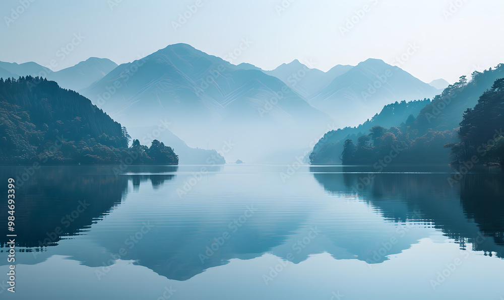 Naklejka premium Mountain lake view, misty mountains reflection, tranquil nature, peaceful landscape, calm water, relaxation scenery, mountain range, scenic beauty, nature photography, mindfulness image