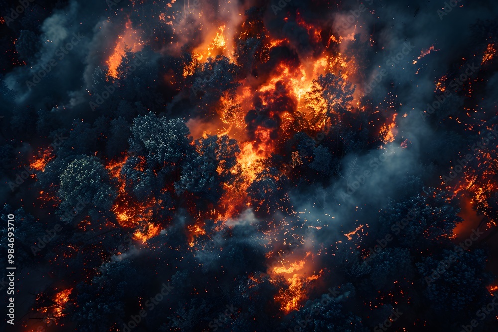 Fototapeta premium Aerial View of a Devastating Forest Fire with Flames and Smoke