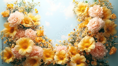 A picture of a bunch of flowers arranged in the shape of a letter o on a purple background, 
Circle of rainbow flowers on white background, copy Spece design. photo