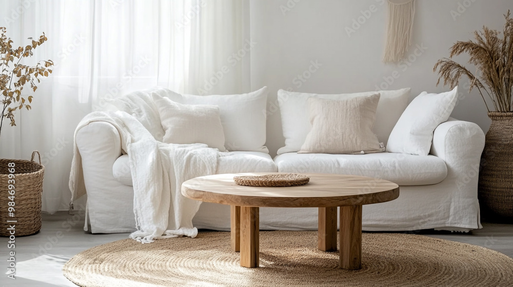 Stylish living room with a gold coffee table, minimalist decor, Round wood coffee table against white sofa. Scandinavian home interior design. Stylish living room with a gold coffee table, minimalist decor, Round wood coffee table against white sofa. Scandinavian home interior design.