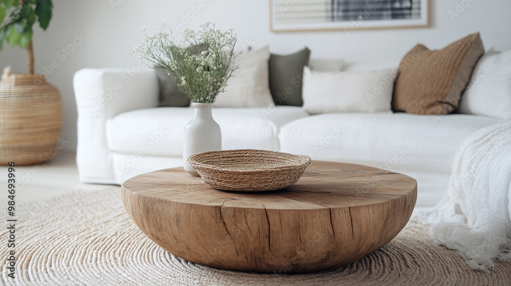 Stylish living room with a gold coffee table, minimalist decor, Round wood coffee table against white sofa. Scandinavian home interior design. Stylish living room with a gold coffee table, minimalist decor, Round wood coffee table against white sofa. Scandinavian home interior design.