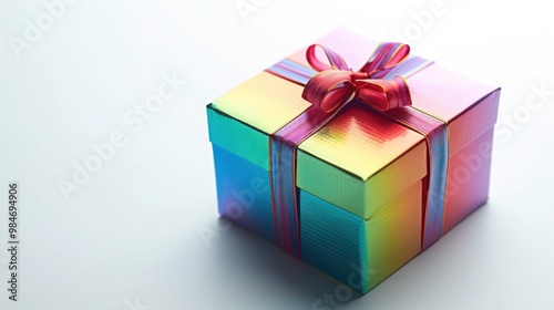 A photorealistic close-up of a rainbow gift box with a shiny ribbon