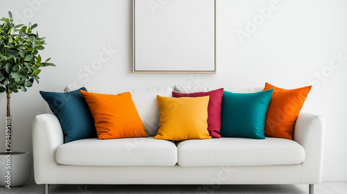 scandinavian apartment. beautiful house interior dining decorative Colorful cushions, White Sofa with Colorful Pillows and Blank Frames in Minimalist Interior.