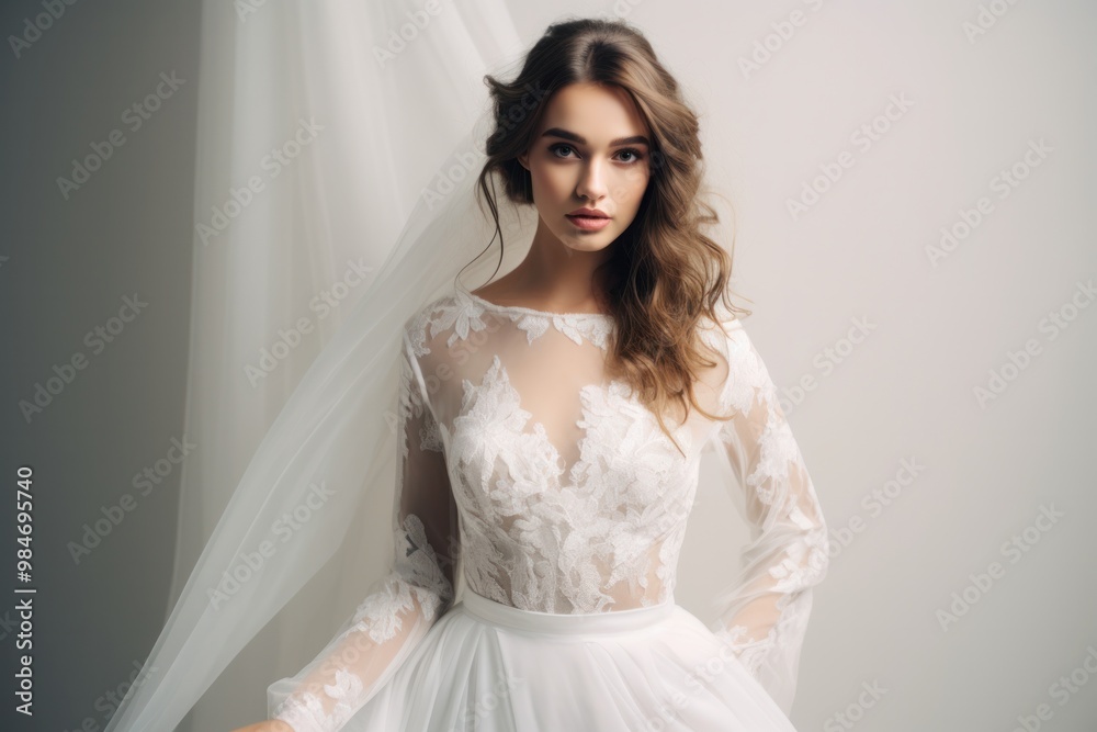A romantic long-sleeve white wedding dress with lace detailing on the bodice and sleeves, and a tulle skirt with a train A romantic long-sleeve white wedding dress with lace detailing on the bodice and sleeves, and a tulle skirt with a train