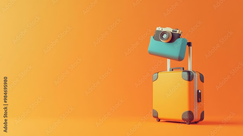 Obraz premium A retro-style suitcase with a camera on top, against an orange background.
