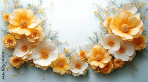 A picture of a bunch of flowers arranged in the shape of a letter o on a purple background, 
Circle of rainbow flowers on white background, copy Spece design. photo