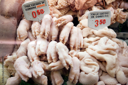 Fresh Lamb Trotters and Tripe at a Butcher Shop in La Boqueria, Barcelona photo